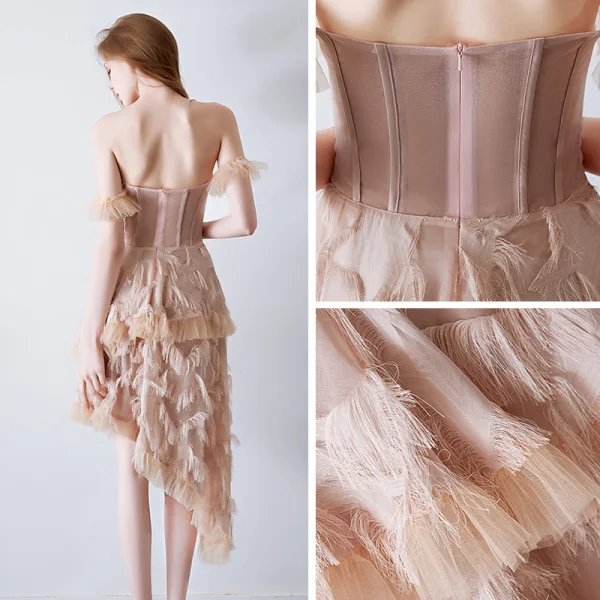 Sexy Nude Abendkleider 2019 Off Shoulder Kurze Ärmel Asymmetrisch Rückenfreies Festliche Kleider