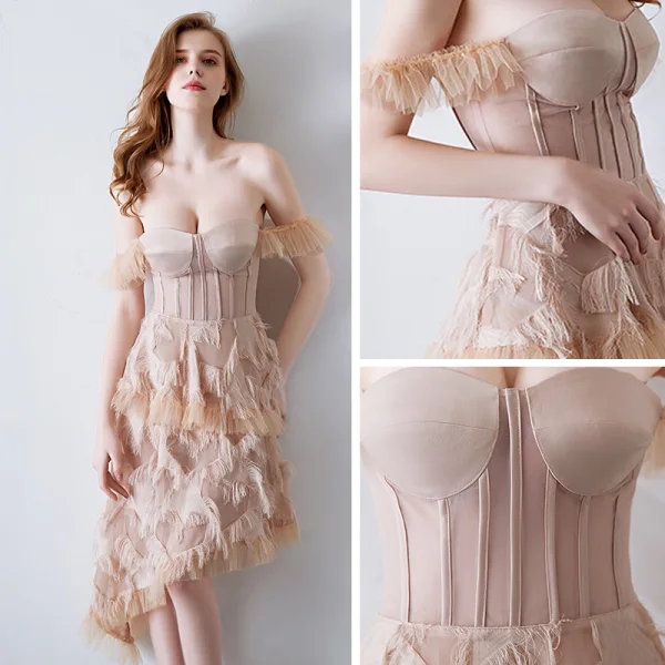 Sexy Nude Abendkleider 2019 Off Shoulder Kurze Ärmel Asymmetrisch Rückenfreies Festliche Kleider