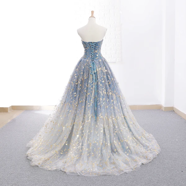 Modern / Fashion Sky Blue Gradient-Color Grey Prom Dresses 2019 A-Line /  Princess Strapless Sleeveless Glitter