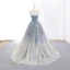 Modern / Fashion Sky Blue Gradient-Color Grey Prom Dresses 2019 A-Line / Princess Strapless Sleeveless Glitter Tulle Sweep Train Ruffle Backless Formal Dresses