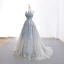 Modern / Fashion Sky Blue Gradient-Color Grey Prom Dresses 2019 A-Line / Princess Strapless Sleeveless Glitter Tulle Sweep Train Ruffle Backless Formal Dresses