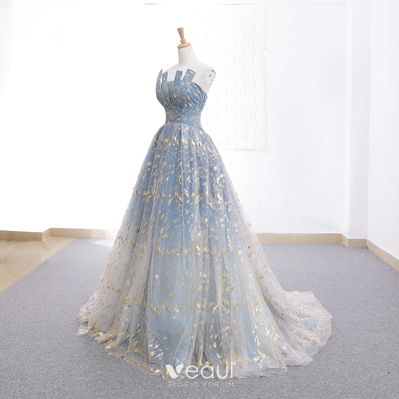 Modern / Fashion Sky Blue Gradient-Color Grey Prom Dresses 2019 A-Line / Princess Strapless Sleeveless Glitter Tulle Sweep Train Ruffle Backless Formal Dresses Modern / Fashion Sky Blue Gradient-Color Grey Prom Dresses 2019 A-Line / Princess Strapless Sleeveless Glitter Tulle Sweep Train Ruffle Backless Formal Dresses