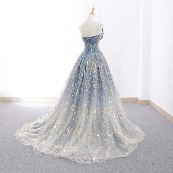 Modern / Fashion Sky Blue Gradient-Color Grey Prom Dresses 2019 A-Line / Princess Strapless Sleeveless Glitter Tulle Sweep Train Ruffle Backless Formal Dresses