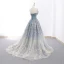 Modern / Fashion Sky Blue Gradient-Color Grey Prom Dresses 2019 A-Line / Princess Strapless Sleeveless Glitter Tulle Sweep Train Ruffle Backless Formal Dresses