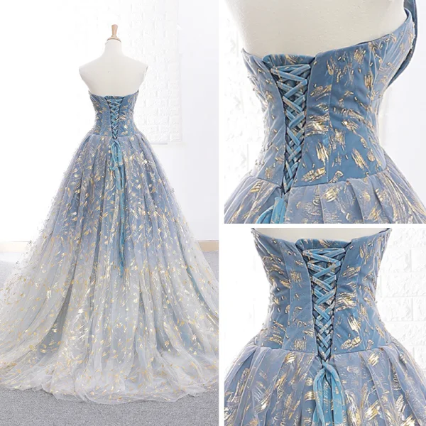 Modern / Fashion Sky Blue Gradient-Color Grey Prom Dresses 2019 A-Line / Princess Strapless Sleeveless Glitter Tulle Sweep Train Ruffle Backless Formal Dresses