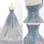 Modern / Fashion Sky Blue Gradient-Color Grey Prom Dresses 2019 A-Line / Princess Strapless Sleeveless Glitter Tulle Sweep Train Ruffle Backless Formal Dresses