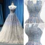 Modern / Fashion Sky Blue Gradient-Color Grey Prom Dresses 2019 A-Line / Princess Strapless Sleeveless Glitter Tulle Sweep Train Ruffle Backless Formal Dresses