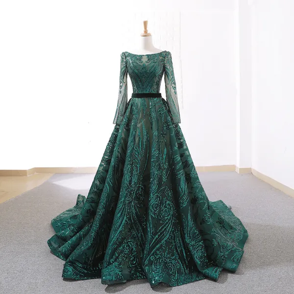 Luxury / Gorgeous Dark Green Prom Dresses 2019 A-Line / Princess Square Neckline Long Sleeve Glitter Sequins Court Train Ruffle Backless Formal Dresses