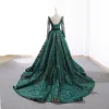 Luxury / Gorgeous Dark Green Prom Dresses 2019 A-Line / Princess Square Neckline Long Sleeve Glitter Sequins Court Train Ruffle Backless Formal Dresses