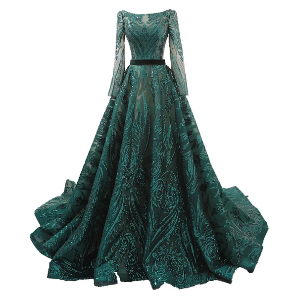 Luxury / Gorgeous Dark Green Prom Dresses 2019 A-Line / Princess Square Neckline Long Sleeve Glitter Sequins Luxury / Gorgeous Dark Green Prom Dresses 2019 A-Line / Princess Square Neckline Long Sleeve Glitter Sequins