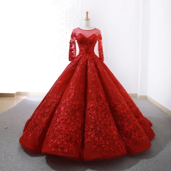 Stunning Rode Doorzichtige Trouwjurken 2019 Baljurk Ronde Hals Lange Mouwen Ruglooze Appliques Kant Rechter Trein Ruche