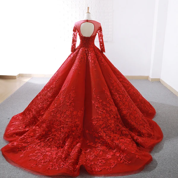Stunning Red See-through Wedding Dresses 2019 Ball Gown Scoop Neck Long Sleeve Backless Appliques Lace Court Train Ruffle