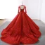 Stunning Red See-through Wedding Dresses 2019 Ball Gown Scoop Neck Long Sleeve Backless Appliques Lace Court Train Ruffle
