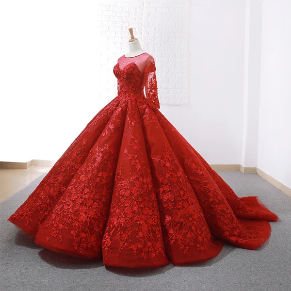Stunning Red See-through Wedding Dresses 2019 Ball Gown Scoop Neck Long Sleeve Backless Appliques Lace Court Train Ruffle