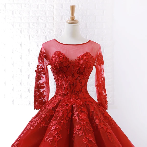 Stunning Red See-through Wedding Dresses 2019 Ball Gown Scoop Neck Long Sleeve Backless Appliques Lace Court Train Ruffle