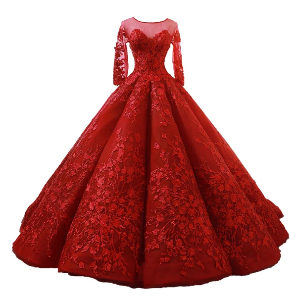 Stunning Red See-through Wedding Dresses 2019 Ball Gown Scoop Neck Long Sleeve Backless Appliques Lace Court Train Ruffle