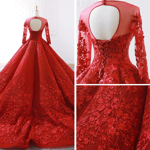Stunning Red See-through Wedding Dresses 2019 Ball Gown Scoop Neck Long Sleeve Backless Appliques Lace Court Train Ruffle