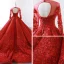 Stunning Red See-through Wedding Dresses 2019 Ball Gown Scoop Neck Long Sleeve Backless Appliques Lace Court Train Ruffle