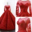Stunning Red See-through Wedding Dresses 2019 Ball Gown Scoop Neck Long Sleeve Backless Appliques Lace Court Train Ruffle