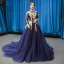 Luxury / Gorgeous Navy Blue See-through Evening Dresses  2019 A-Line / Princess Scoop Neck Long Sleeve Gold Appliques Lace Beading Sash Court Train Ruffle Backless Formal Dresses