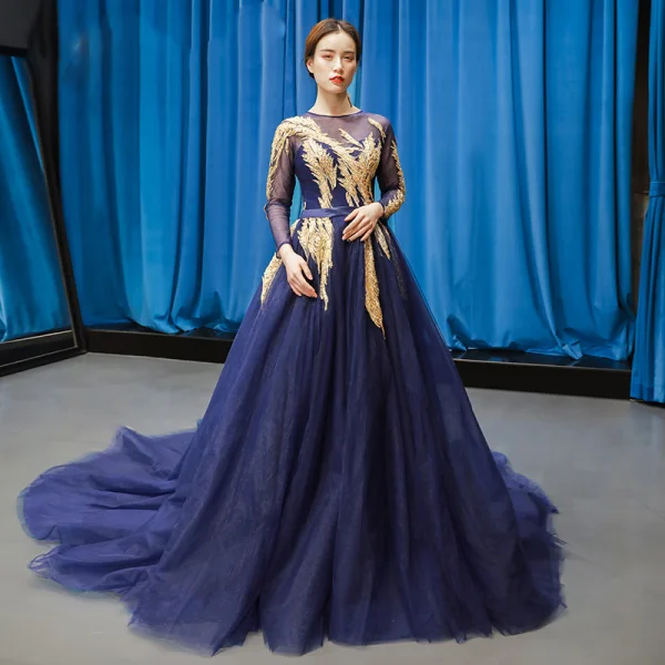 blue and gold long sleeve dress Royal Blue Long Sleeve Prom Dresses Gold Quinceañera Dress FD1382 vini –  Viniodress main image 0