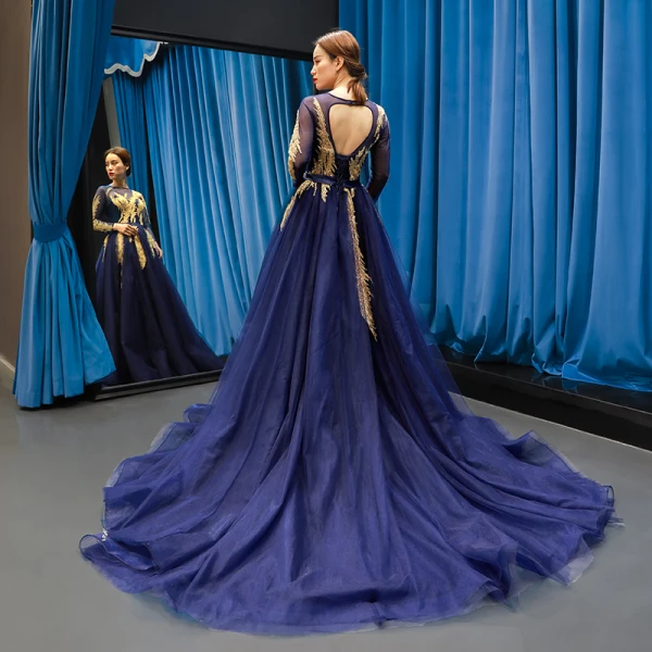 Luxury / Gorgeous Navy Blue See-through Evening Dresses  2019 A-Line / Princess Scoop Neck Long Sleeve Gold Appliques Lace Beading Sash Court Train Ruffle Backless Formal Dresses