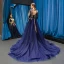 Luxury / Gorgeous Navy Blue See-through Evening Dresses  2019 A-Line / Princess Scoop Neck Long Sleeve Gold Appliques Lace Beading Sash Court Train Ruffle Backless Formal Dresses