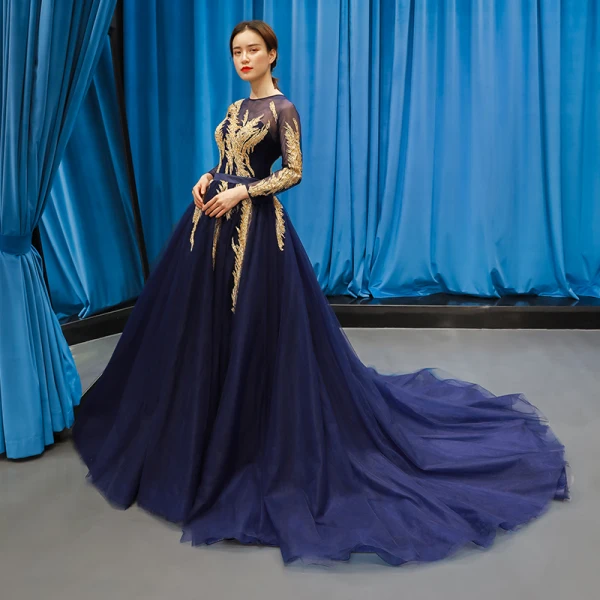 Luxury / Gorgeous Navy Blue See-through Evening Dresses  2019 A-Line / Princess Scoop Neck Long Sleeve Gold Appliques Lace Beading Sash Court Train Ruffle Backless Formal Dresses