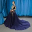 Luxury / Gorgeous Navy Blue See-through Evening Dresses  2019 A-Line / Princess Scoop Neck Long Sleeve Gold Appliques Lace Beading Sash Court Train Ruffle Backless Formal Dresses