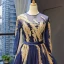 Luxury / Gorgeous Navy Blue See-through Evening Dresses  2019 A-Line / Princess Scoop Neck Long Sleeve Gold Appliques Lace Beading Sash Court Train Ruffle Backless Formal Dresses