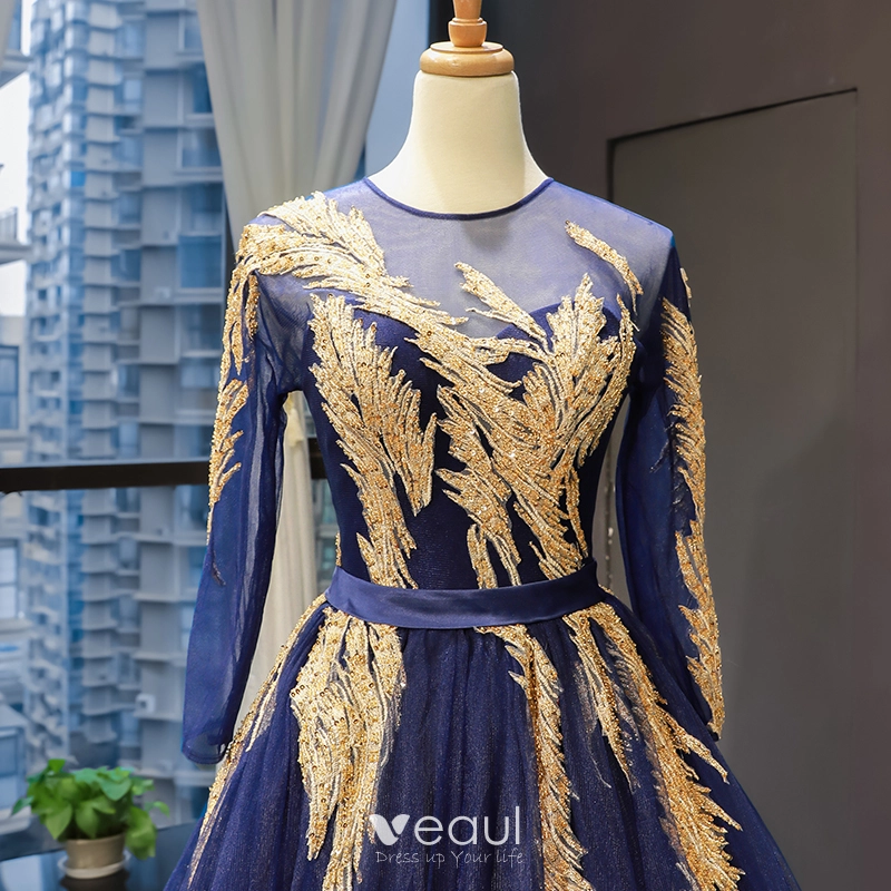 Luxury / Gorgeous Navy Blue See-through Evening Dresses 2019 A-Line / Princess Scoop Neck Long Sleeve Gold Appliques Lace Beading Sash Court Train Luxury / Gorgeous Navy Blue See-through Evening Dresses 2019 A-Line / Princess Scoop Neck Long Sleeve Gold Appliques Lace Beading Sash Court Train