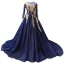 Luxury / Gorgeous Navy Blue See-through Evening Dresses  2019 A-Line / Princess Scoop Neck Long Sleeve Gold Appliques Lace Beading Sash Court Train Ruffle Backless Formal Dresses
