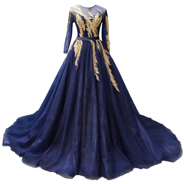navy blue and gold long dress Beaded Sequin Long Tail Navy Blue Tulle Sleeve Prom Ball Gown – Sultan Dress