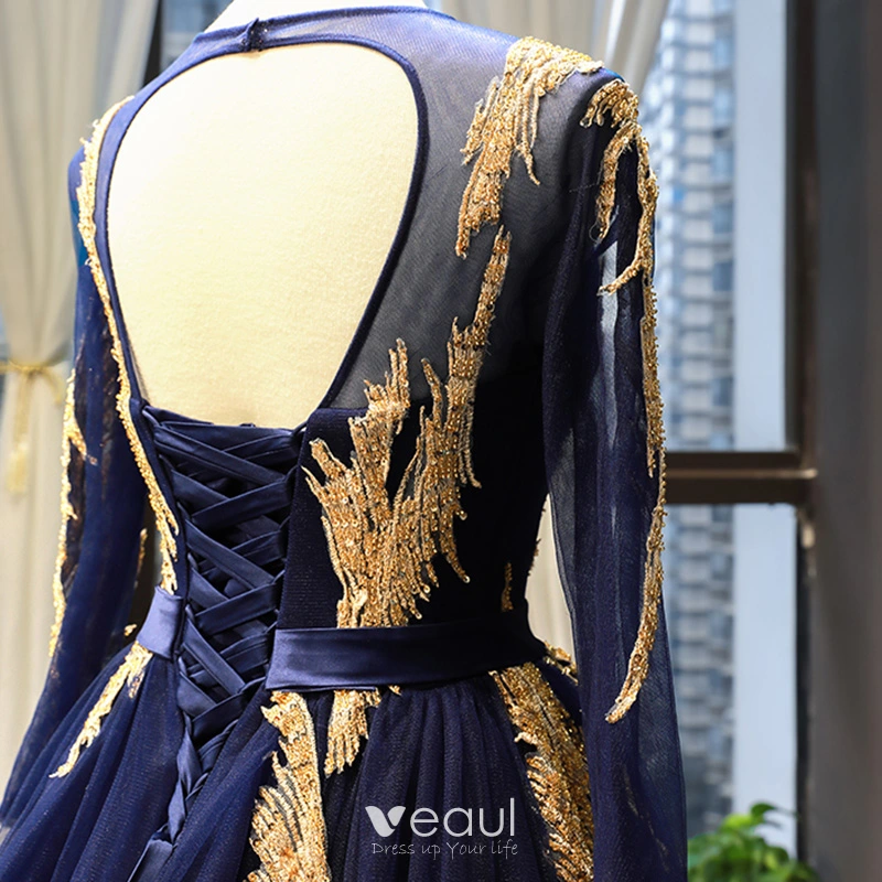 blue dress with gold lace MissJophiel Corset Dark Navy Tulle Gold Star Dress with Tie Straps Other / Above Knee / US4 main image 0