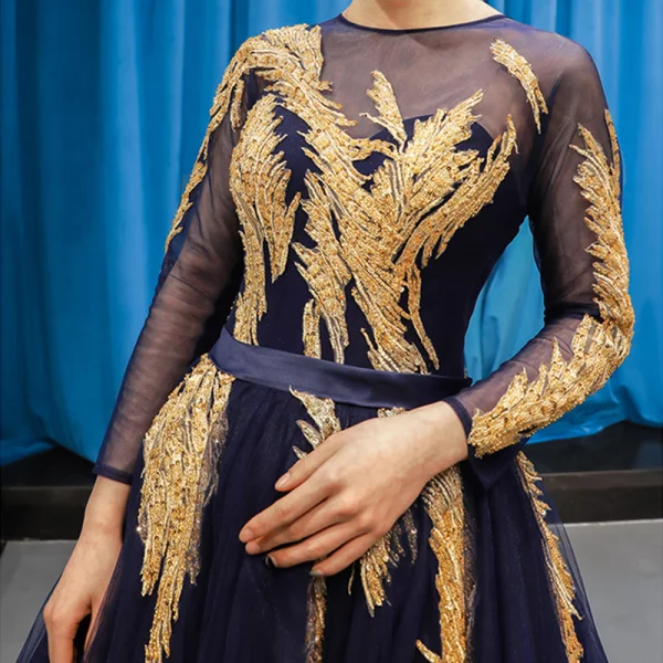 Luxury / Gorgeous Navy Blue See-through Evening Dresses  2019 A-Line / Princess Scoop Neck Long Sleeve Gold Appliques Lace Beading Sash Court Train Ruffle Backless Formal Dresses