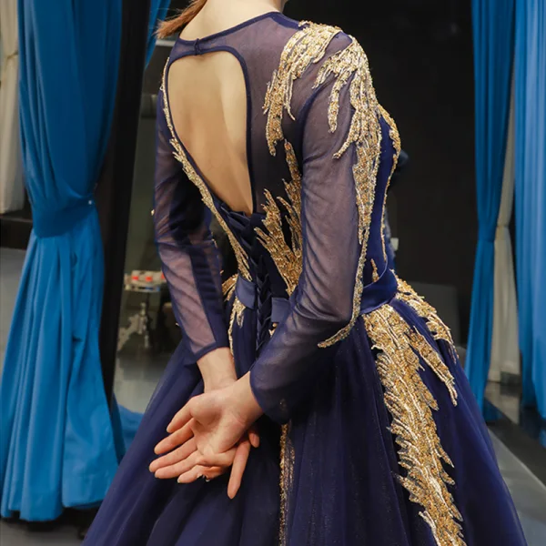Luxury / Gorgeous Navy Blue See-through Evening Dresses 2019 A-Line / Princess Scoop Neck Long Sleeve Gold Appliques Lace Beading Sash Court Train