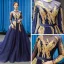 Luxury / Gorgeous Navy Blue See-through Evening Dresses  2019 A-Line / Princess Scoop Neck Long Sleeve Gold Appliques Lace Beading Sash Court Train Ruffle Backless Formal Dresses