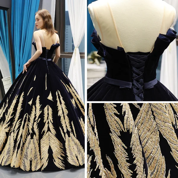 Luxe Bleu Marine Daim Transparentes Robe De Bal 2019 Robe Boule Encolure Dégagée Sans Manches Doré Appliques En Dentelle Perlage Noeud Ceinture