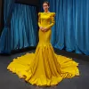 Luxury / Gorgeous Yellow Satin Evening Dresses  2019 Trumpet / Mermaid Square Neckline Long Sleeve Chapel Train Ruffle Formal Dresses