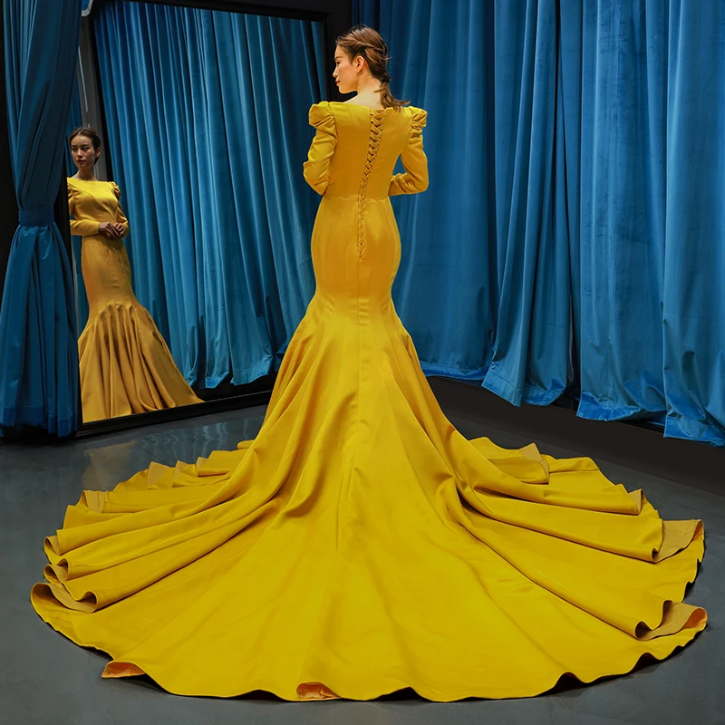Luxury Gorgeous Yellow Satin Evening Dresses 2019 Trumpet Mermaid Square  Neckline Long Sleeve Chapel Train Ruffle Formal Dresses