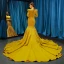 Luxury / Gorgeous Yellow Satin Evening Dresses  2019 Trumpet / Mermaid Square Neckline Long Sleeve Chapel Train Ruffle Formal Dresses