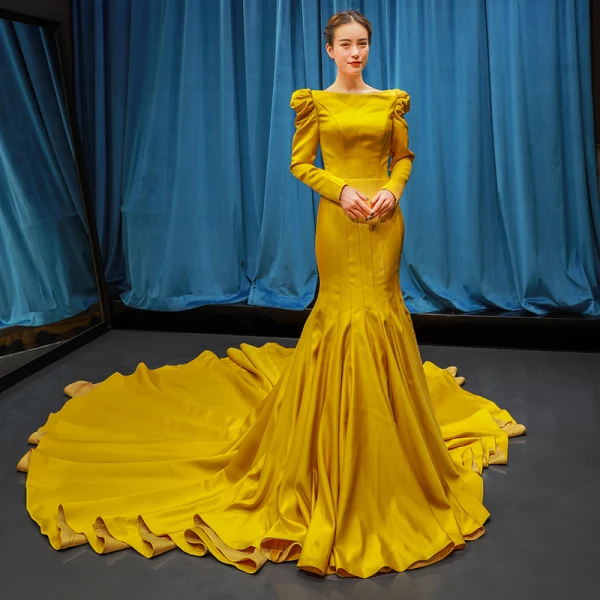 Luxury / Gorgeous Yellow Satin Evening Dresses  2019 Trumpet / Mermaid Square Neckline Long Sleeve Chapel Train Ruffle Formal Dresses