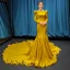 Luxury / Gorgeous Yellow Satin Evening Dresses  2019 Trumpet / Mermaid Square Neckline Long Sleeve Chapel Train Ruffle Formal Dresses