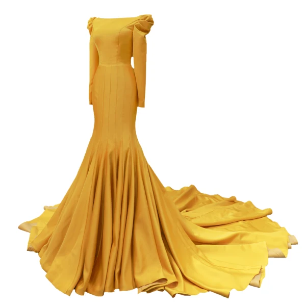 Luxury / Gorgeous Yellow Satin Evening Dresses  2019 Trumpet / Mermaid Square Neckline Long Sleeve Chapel Train Ruffle Formal Dresses