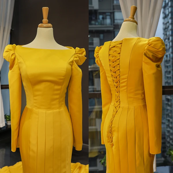 Luxury / Gorgeous Yellow Satin Evening Dresses  2019 Trumpet / Mermaid Square Neckline Long Sleeve Chapel Train Ruffle Formal Dresses