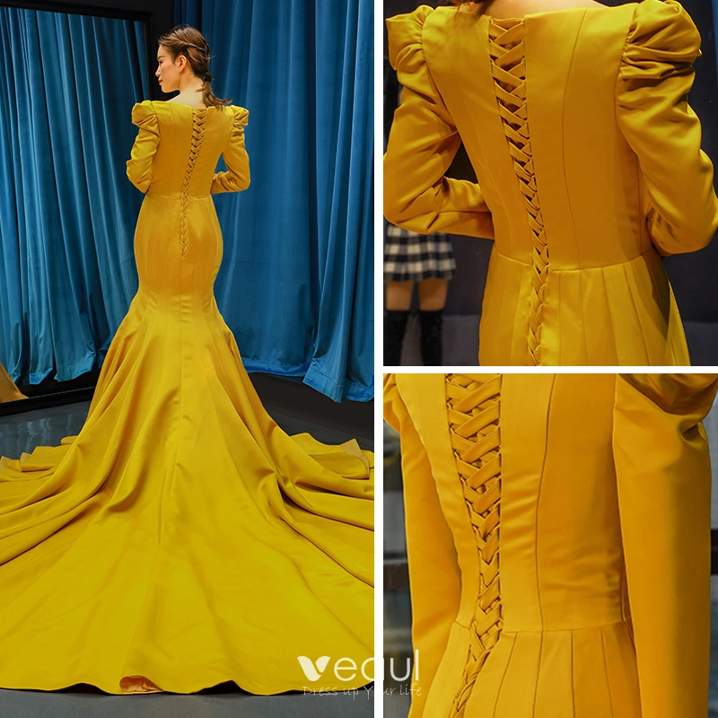 Luxury Gorgeous Yellow Satin Evening Dresses 2019 Trumpet Mermaid Square  Neckline Long Sleeve Chapel Train Ruffle Formal Dresses