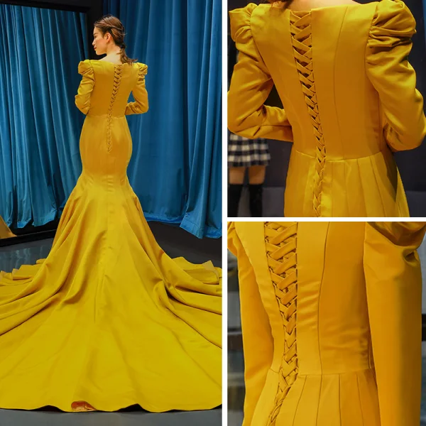 Luxury / Gorgeous Yellow Satin Evening Dresses  2019 Trumpet / Mermaid Square Neckline Long Sleeve Chapel Train Ruffle Formal Dresses
