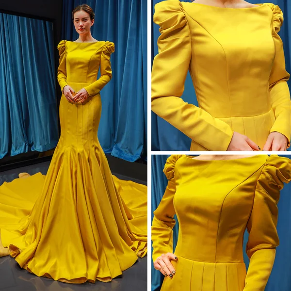 Luxury / Gorgeous Yellow Satin Evening Dresses  2019 Trumpet / Mermaid Square Neckline Long Sleeve Chapel Train Ruffle Formal Dresses
