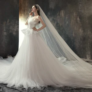 Stilig Bröllopsklänningar 2019 Prinsessa Axelbandslös Ärmlös Halterneck Appliqués Spets Cathedral Train Ruffle Champagne Elfenben