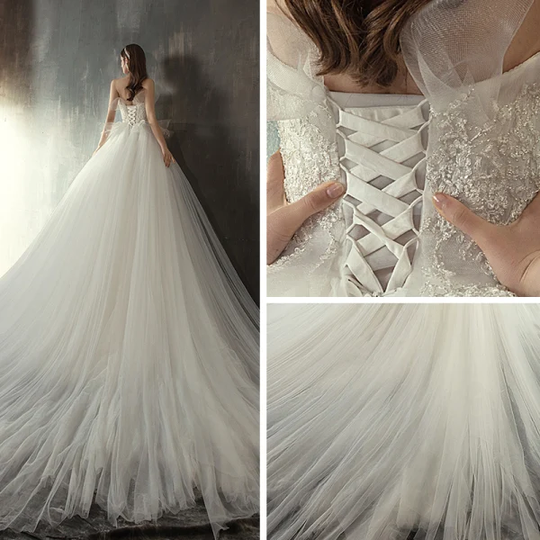 Edles Brautkleider / Hochzeitskleider 2019 Prinzessin Bandeau Ärmellos Rückenfreies Applikationen Spitze Kathedrale Schleppe Rüschen Champagner Ivory / Creme